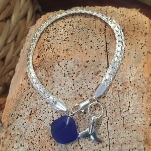 Silver Bracelet w/ Blue Seaglass & Whale tail